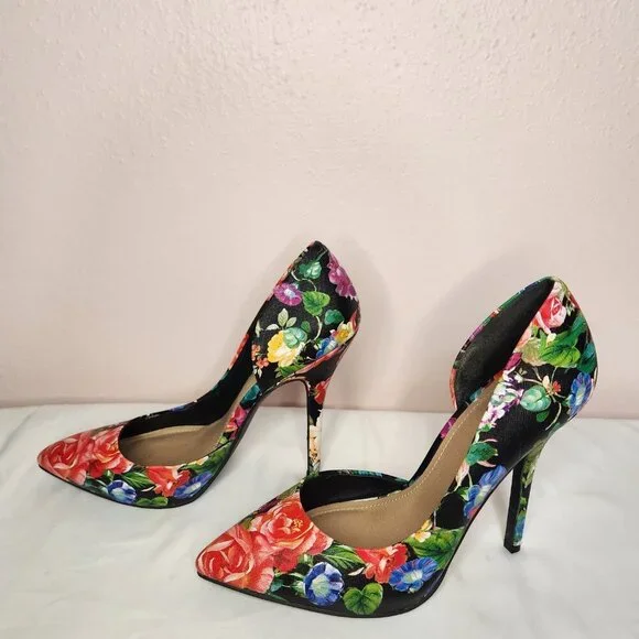 Floral Pattern Vegan Faux Leather D'Orsay Stiletto High Heel Shoes Size 8 - Picture 2 of 9